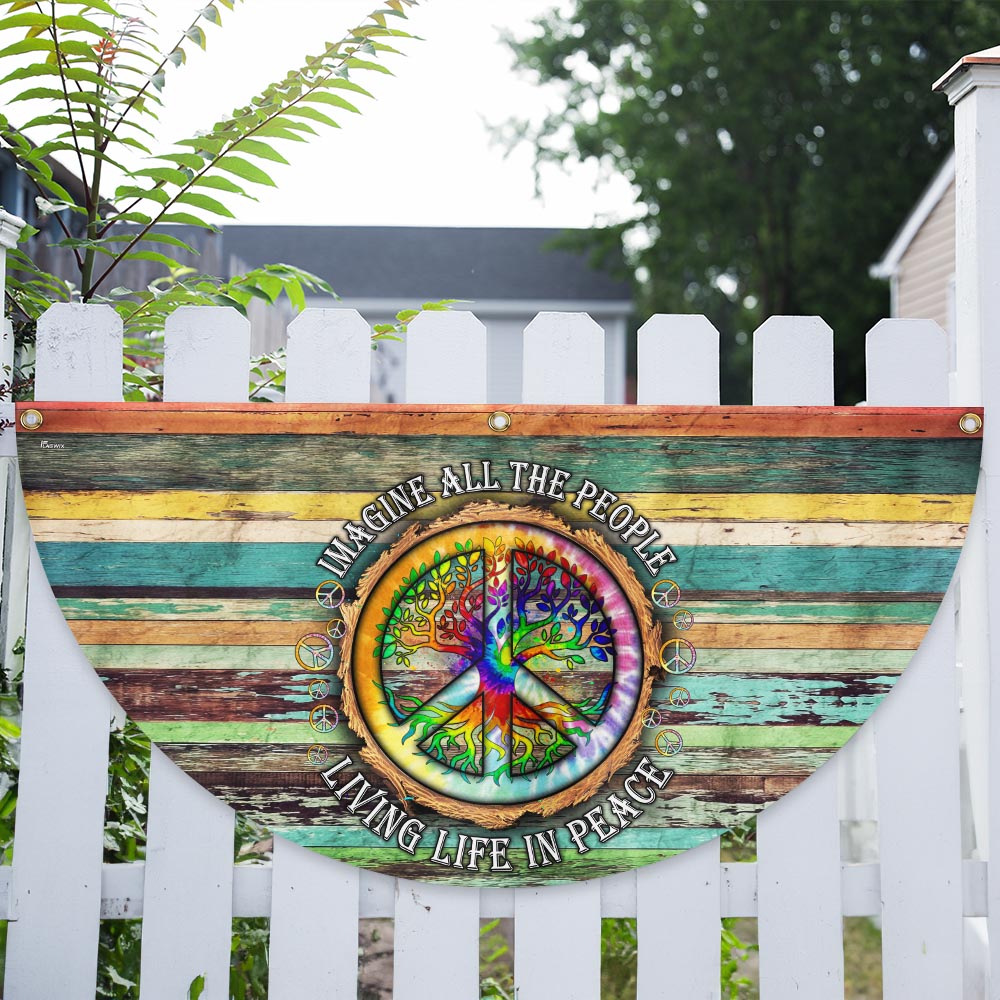 Peace Sign Hippie Flag Imagine All The People Living Life In Peace Non-Pleated Fan Flag