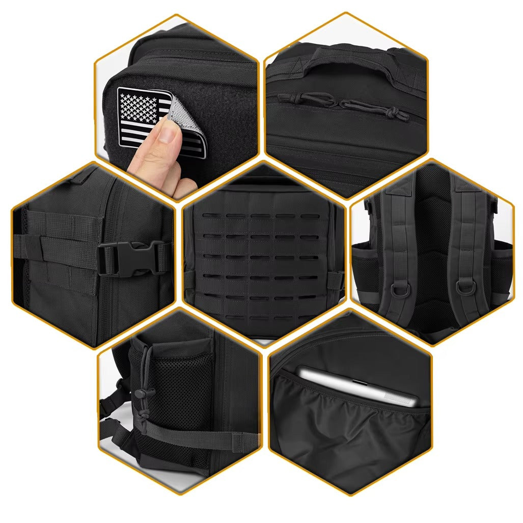 25L tactical hiking backpack features - MOLLE webbing, water bottle holders, padded straps for camping