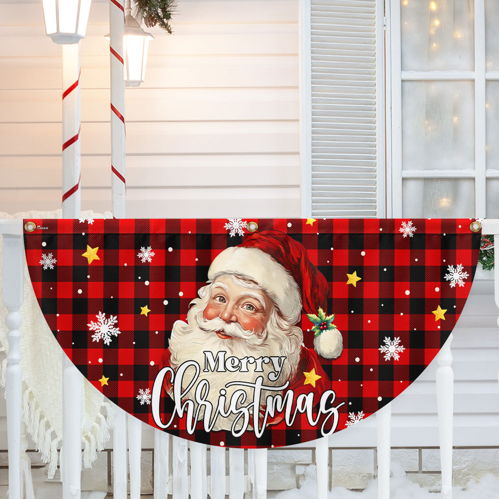 Santa Claus Merry Christmas Plaid Non-Pleated Fan Flag
