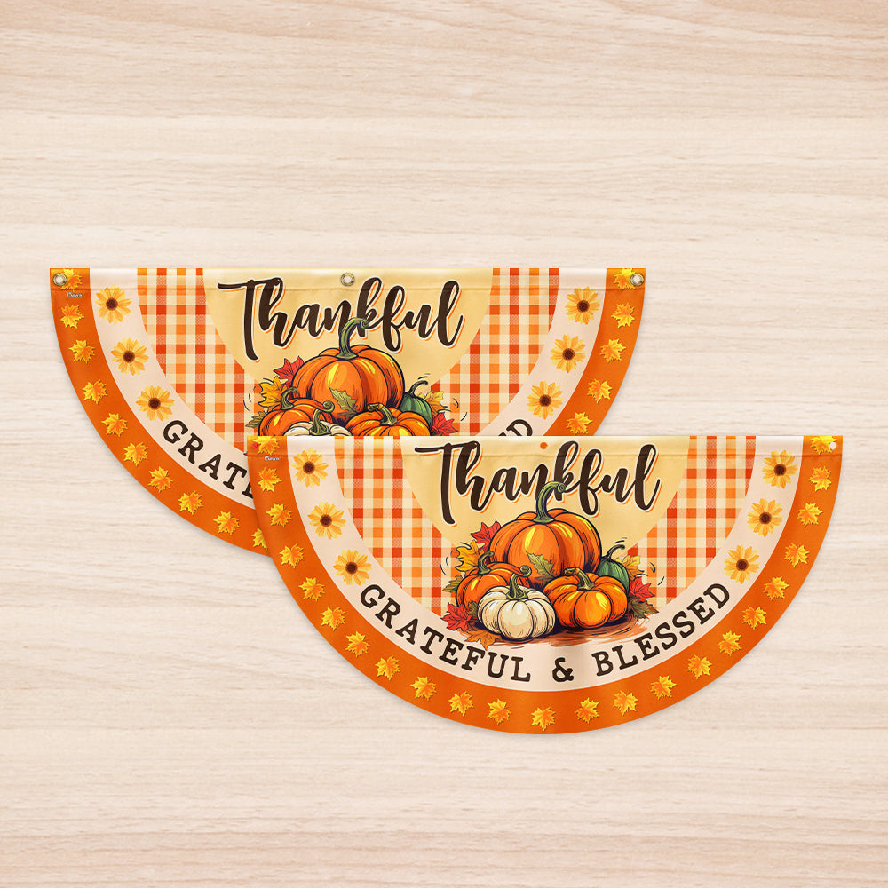Fall Thanksgiving Pumpkins Harvest Thankful Grateful & Blessed Non-Pleated Fan Flag