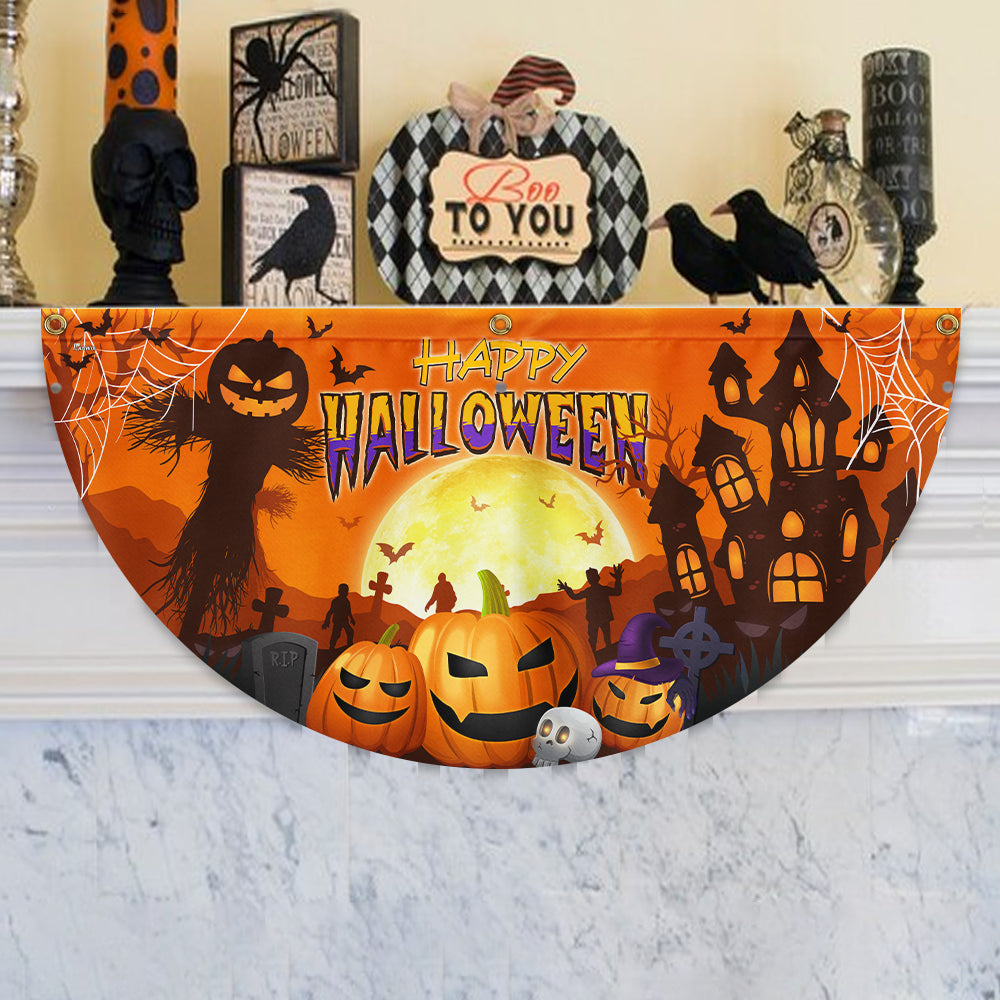 Happy Halloween Pumpkin Spooky Witch House Non-Pleated Fan Flag