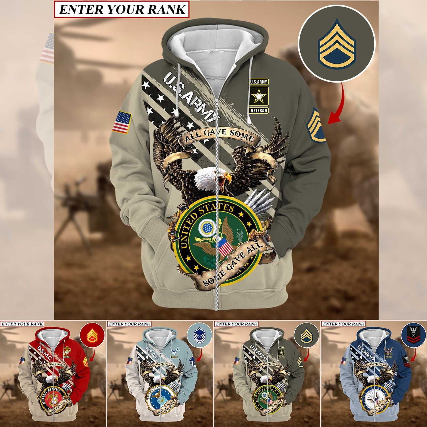 Premium Multiple US Military Services Veteran Personalize Zip Hoodie