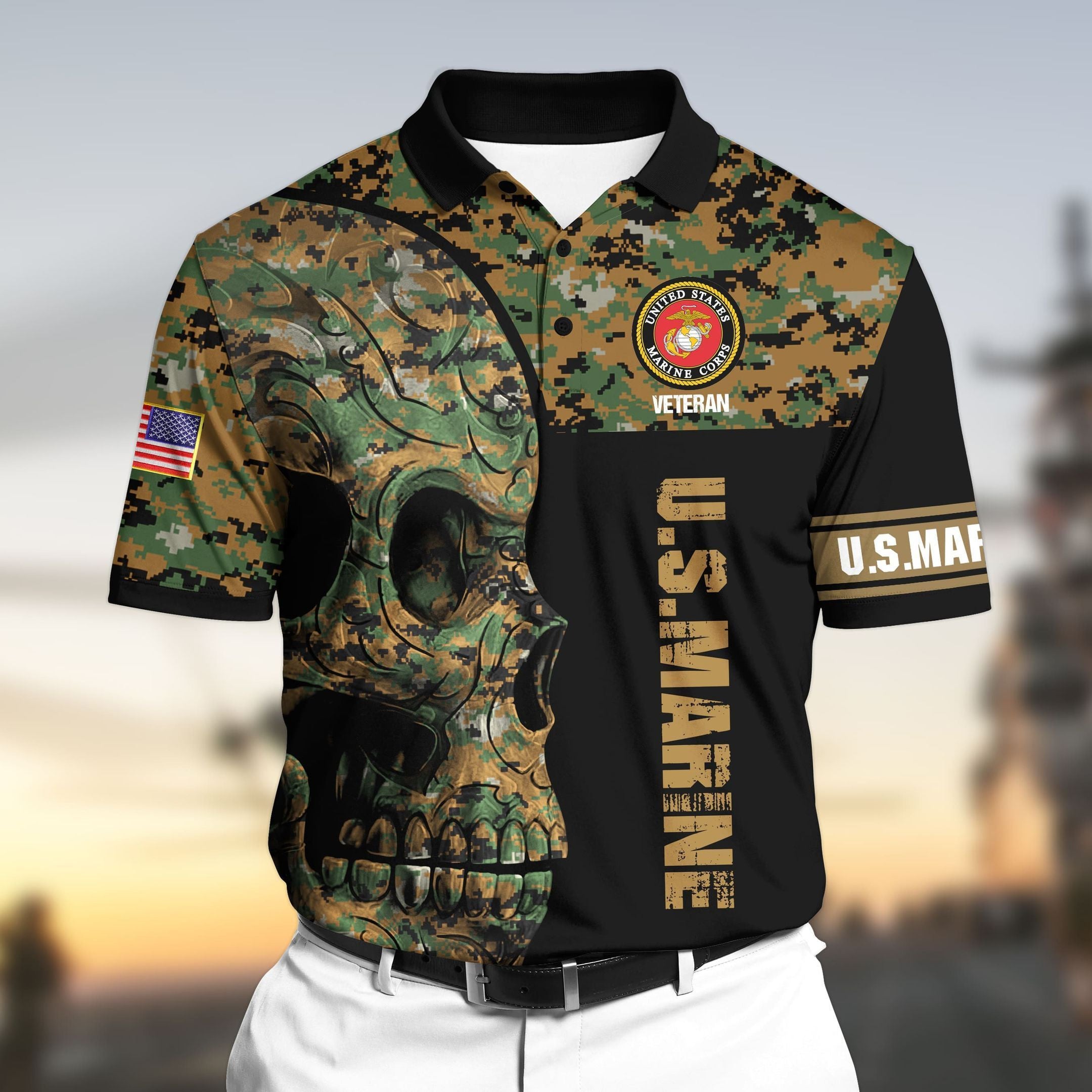 Premium Unique U.S Marine Veteran 3D Polo All Over Printed