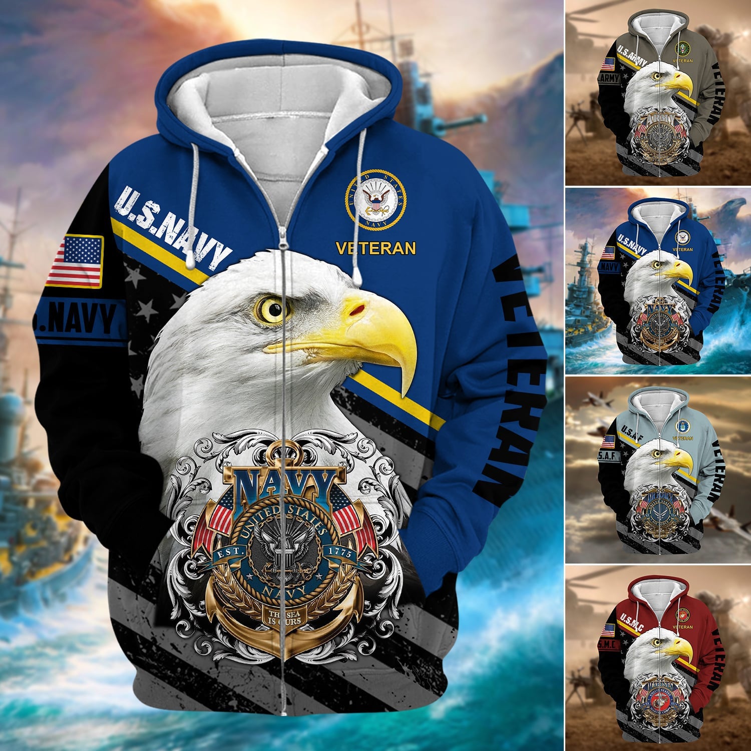 Premium Multiple US Military Services Veteran Zip Hoodie