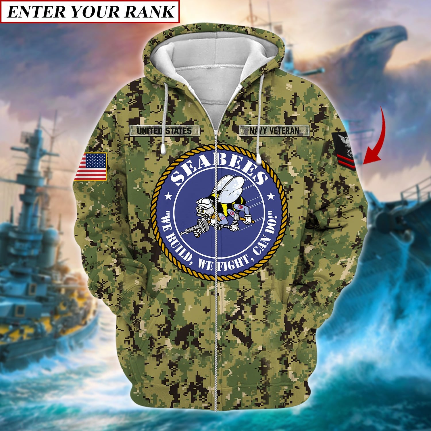 Unique U.S Navy SEABEES Veteran Zip Hoodie