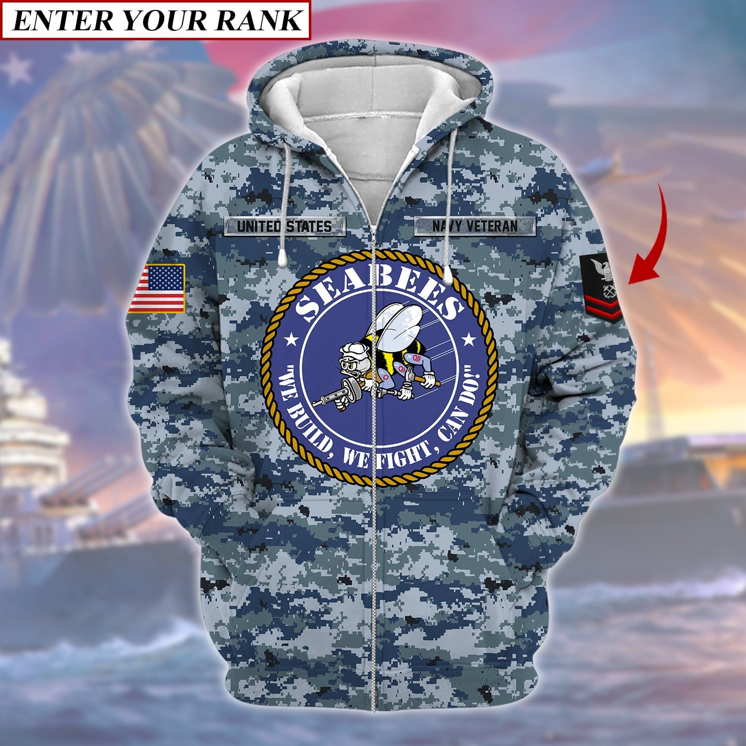 Unique U.S Navy SEABEES Veteran Zip Hoodie