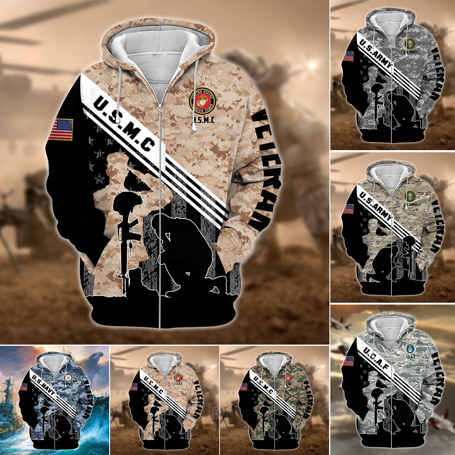 Premium Multiple US Military Services Veteran Zip Hoodie
