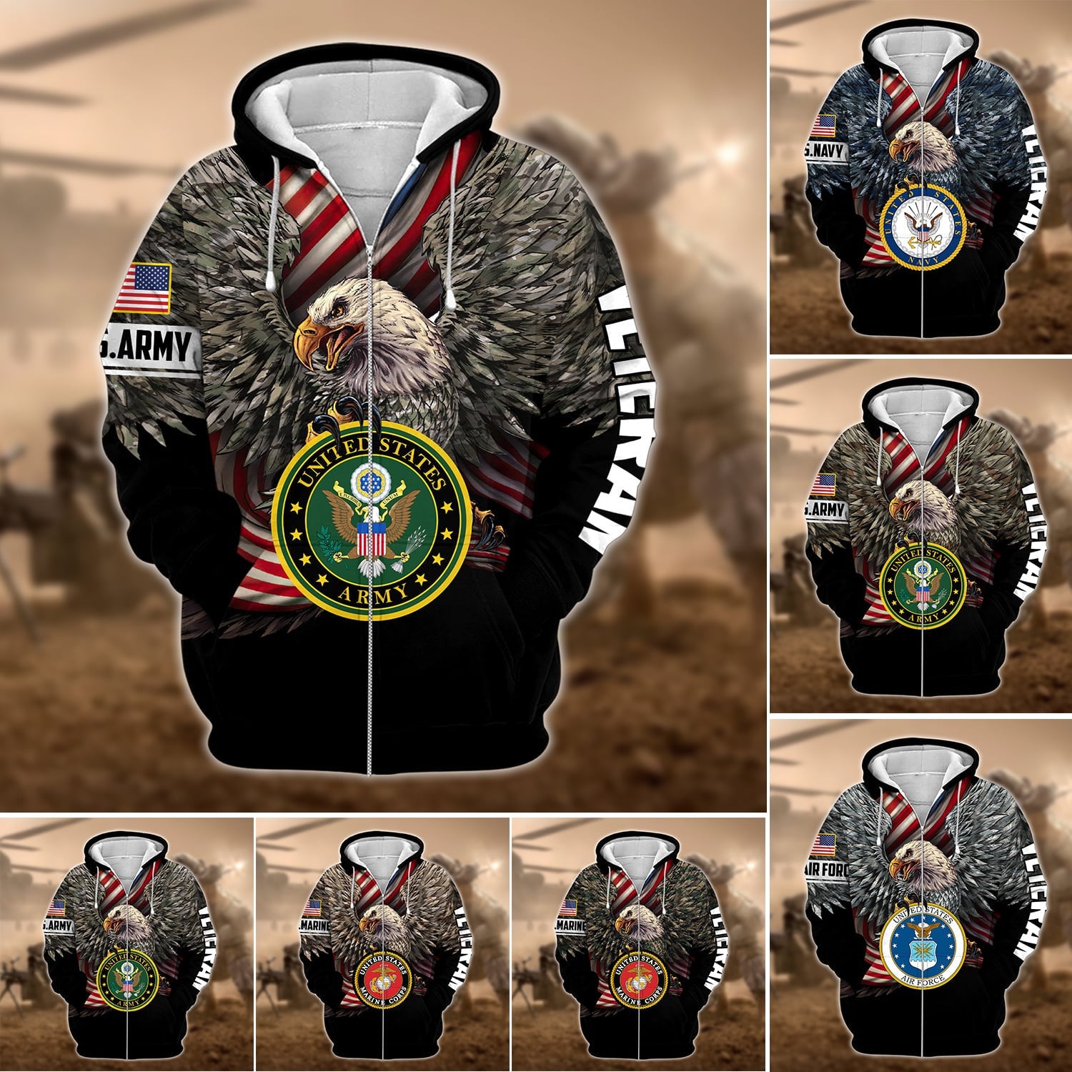 Premium Multiple US Military Services Veteran Zip Hoodie