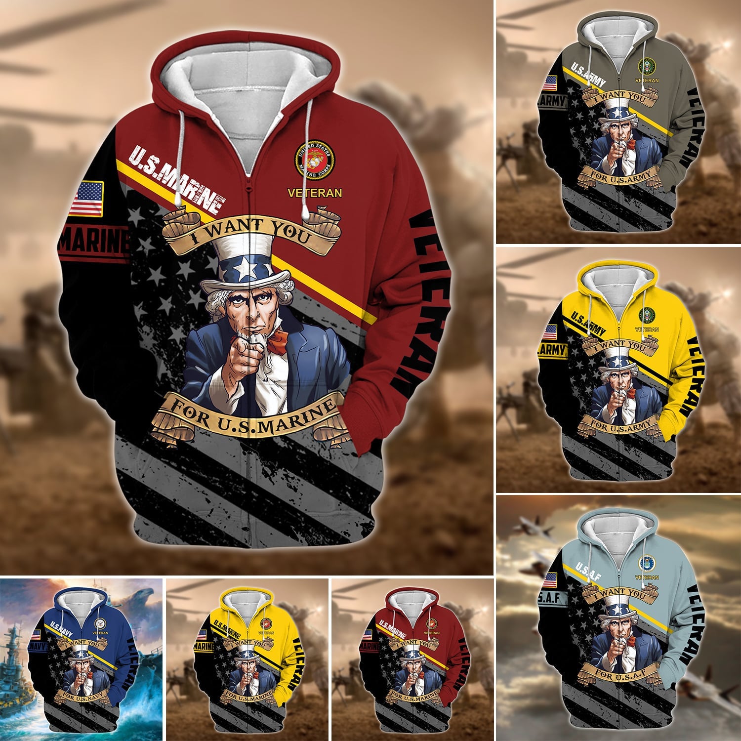 Premium Multiple US Military Services Veteran Zip Hoodie