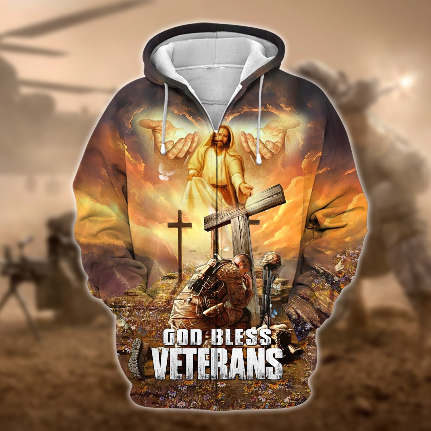 Premium God Bless Veterans Zip Hoodie