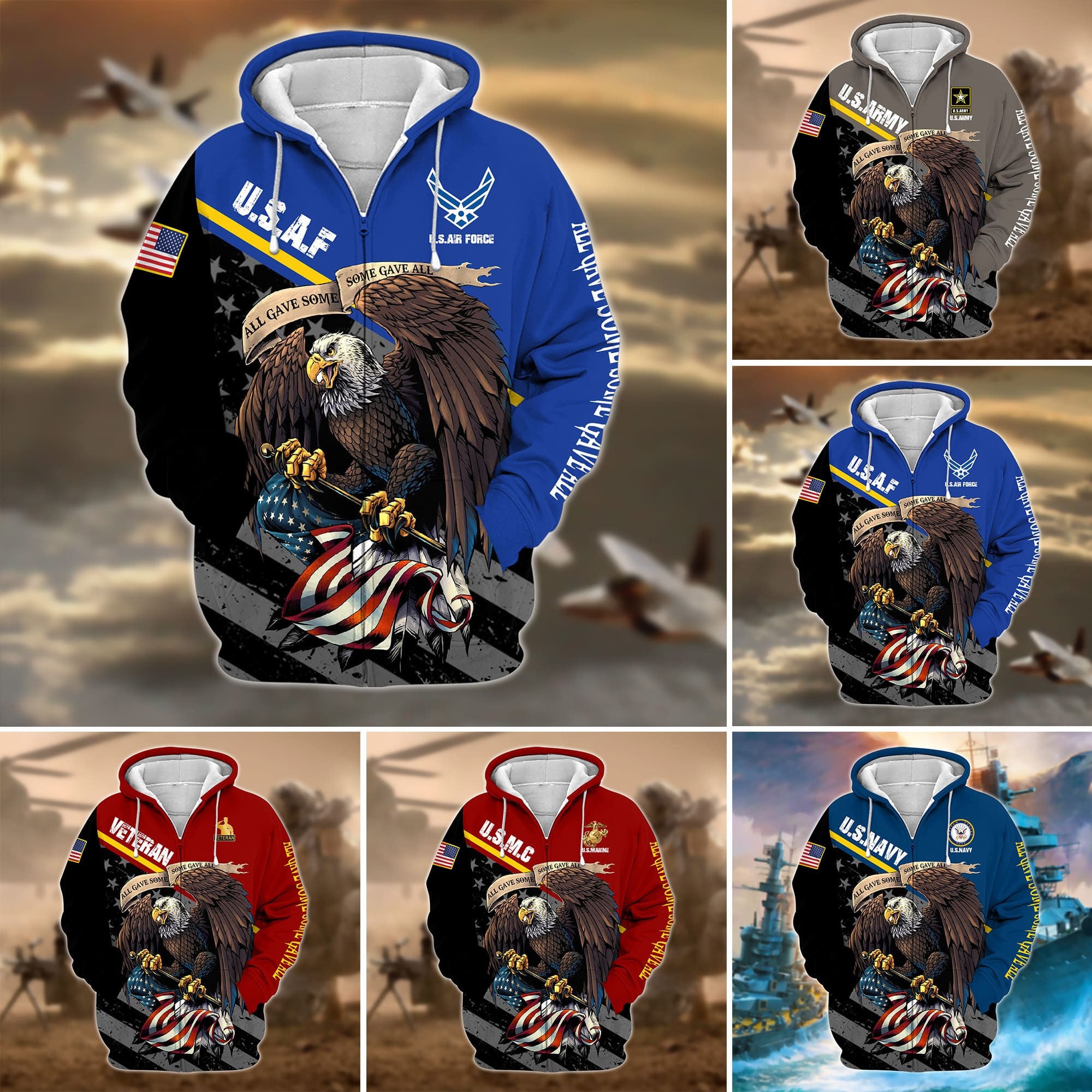 Premium Multiple US Military Services Veteran Zip Hoodie