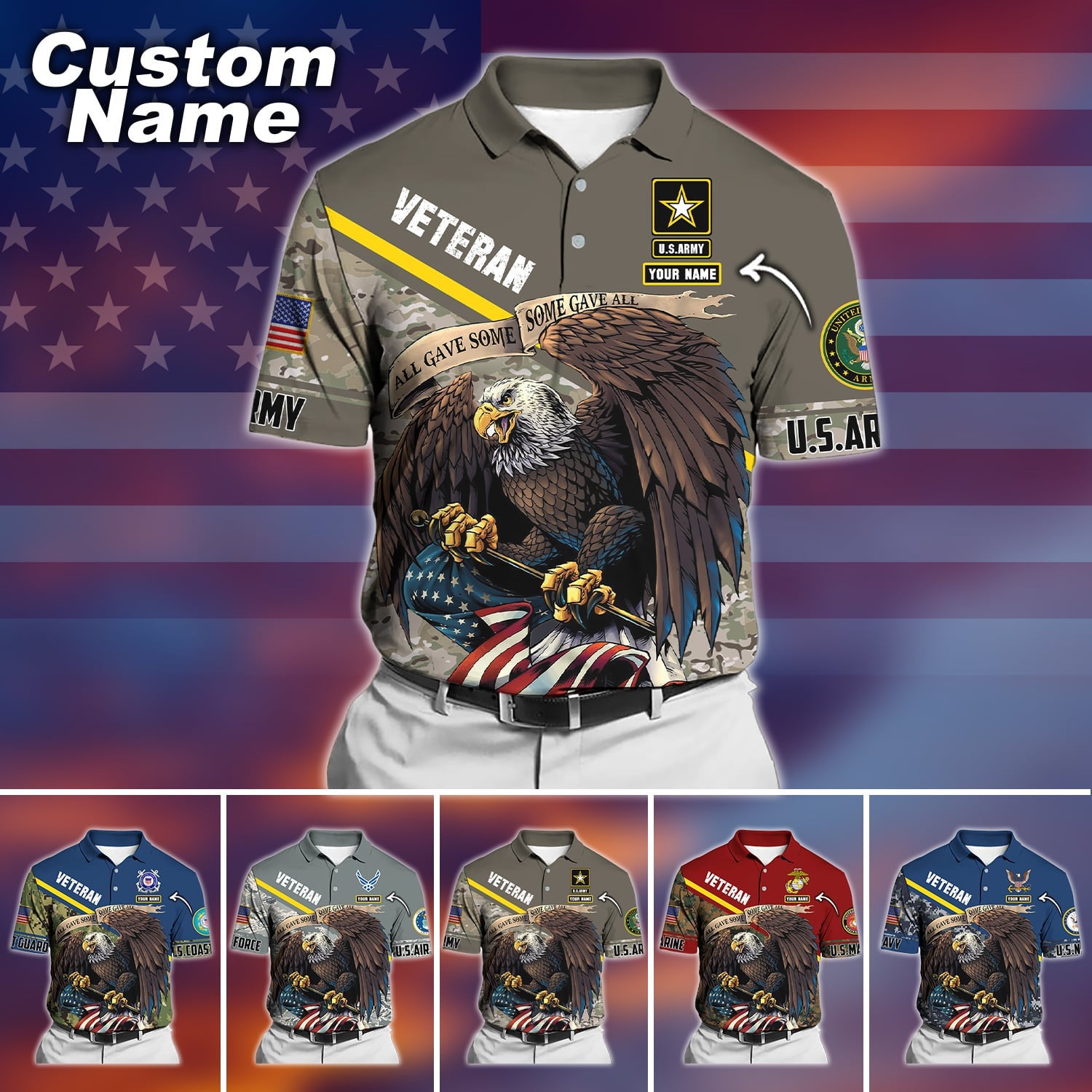 Premium Personalised U.S Multiple Service Veteran Polo Shirt