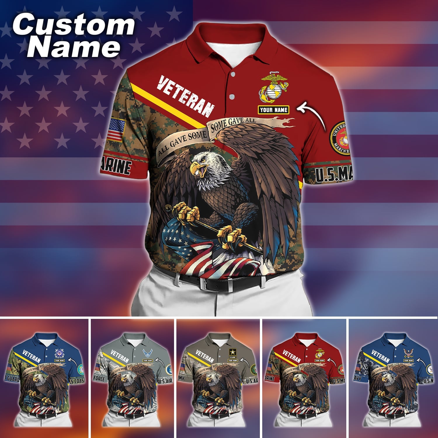 Premium Personalised U.S Multiple Service Veteran Polo Shirt