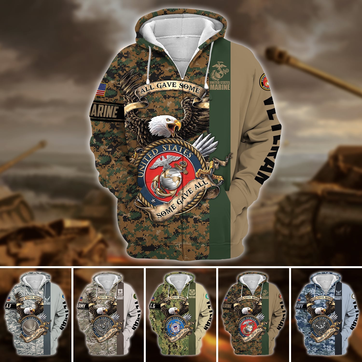 Premium U.S Multiple Service Veteran Zip Hoodie