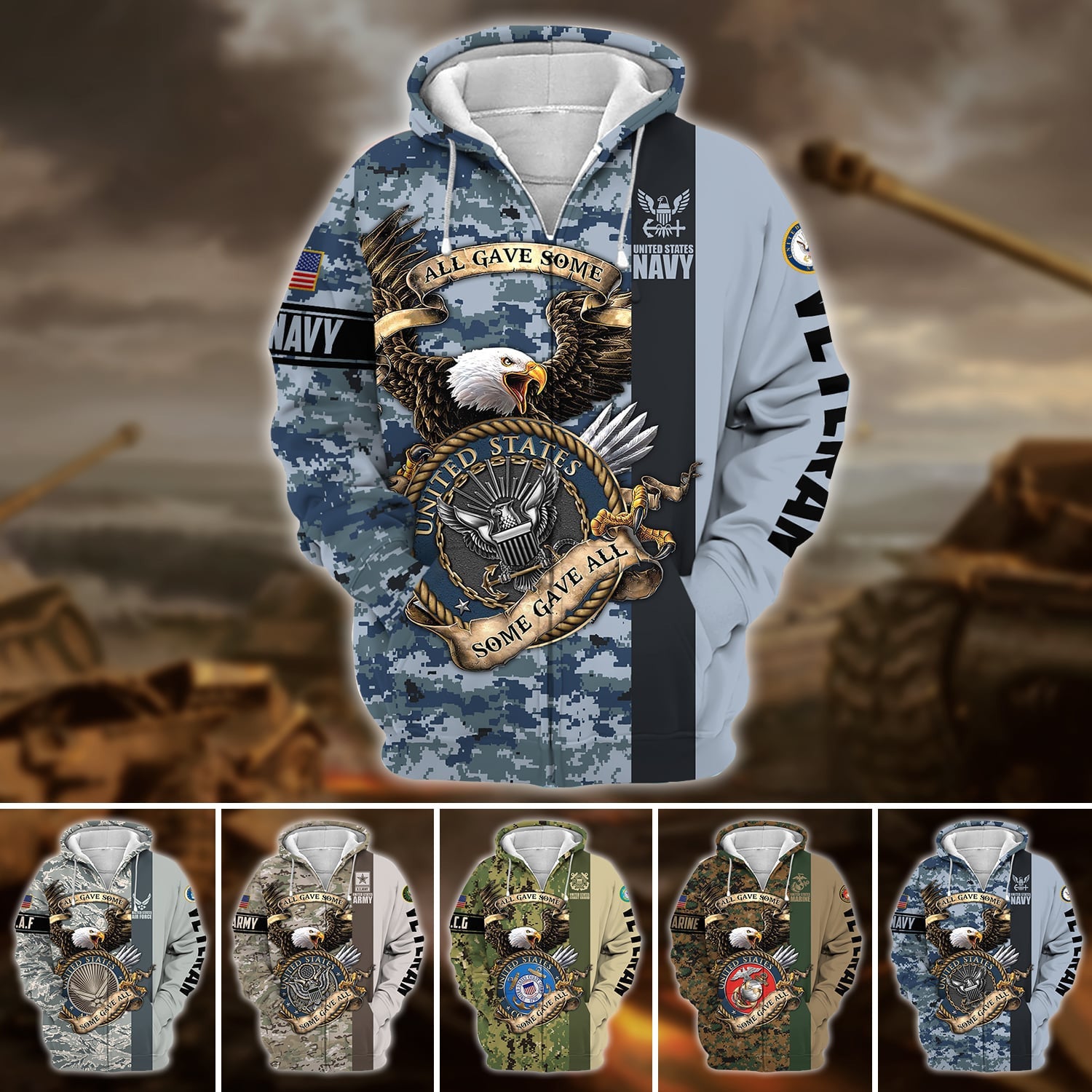 Premium U.S Multiple Service Veteran Zip Hoodie