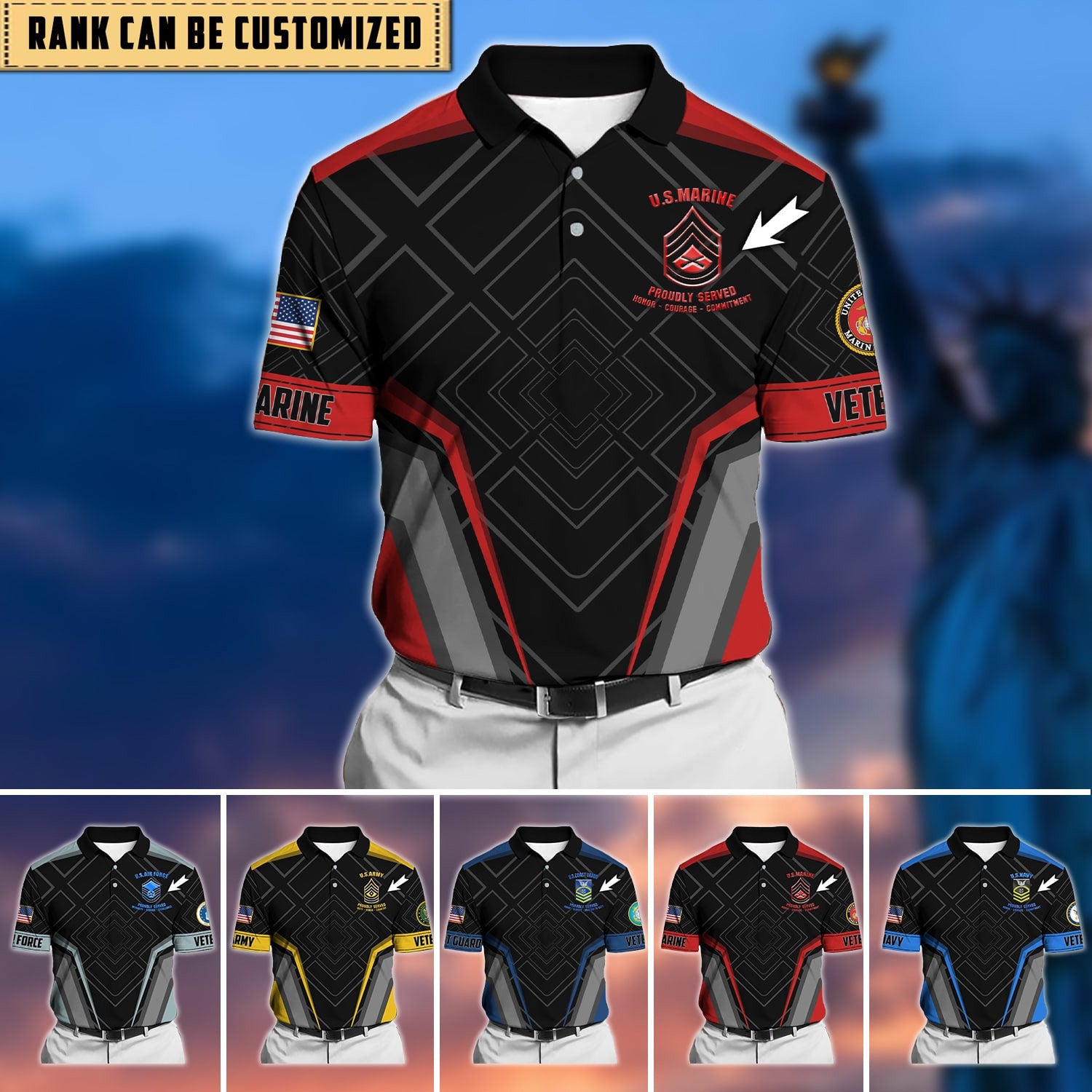 Premium Personalised U.S Multiple Service Veteran Polo Shirt