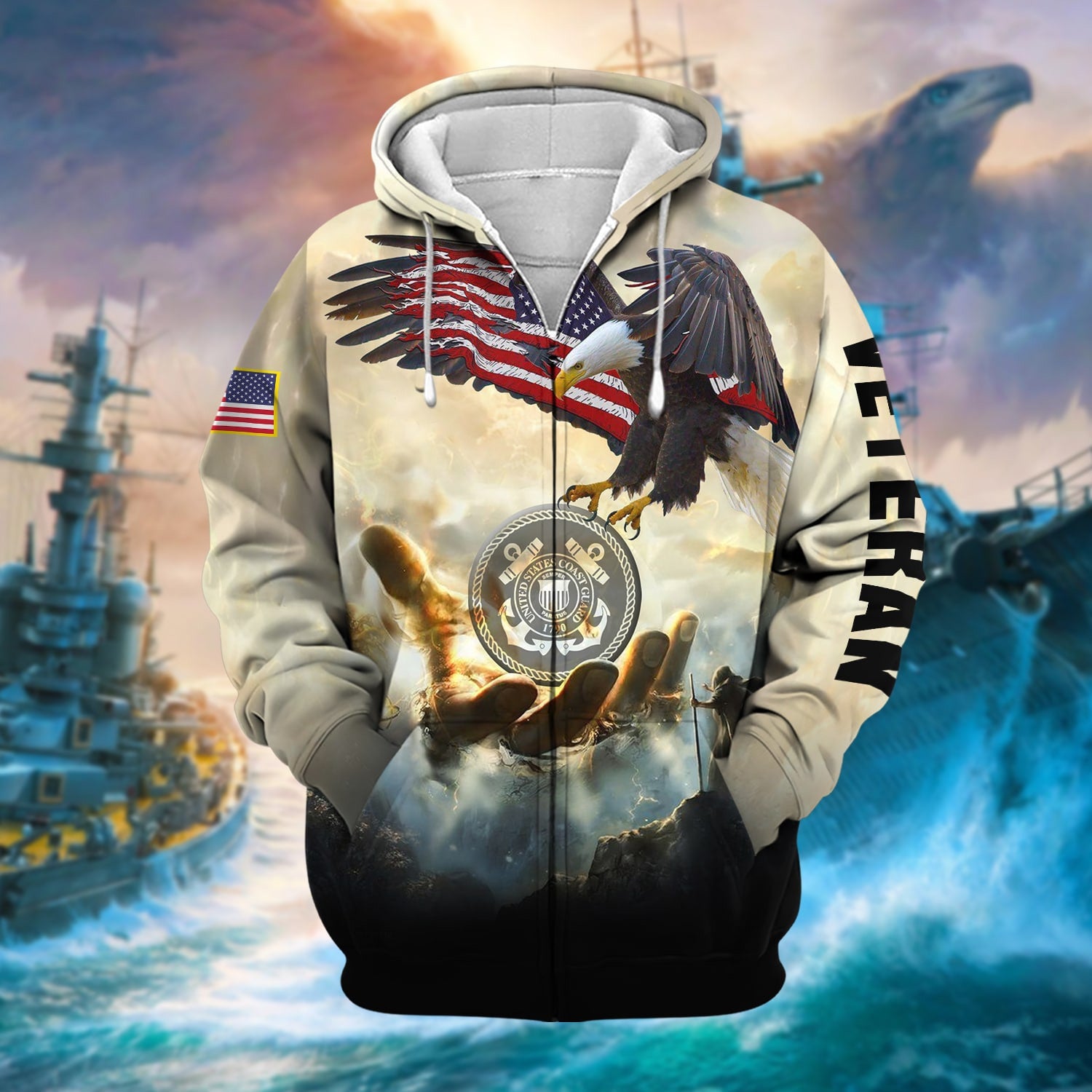 Premium God Bless US Veteran Zip Hoodie