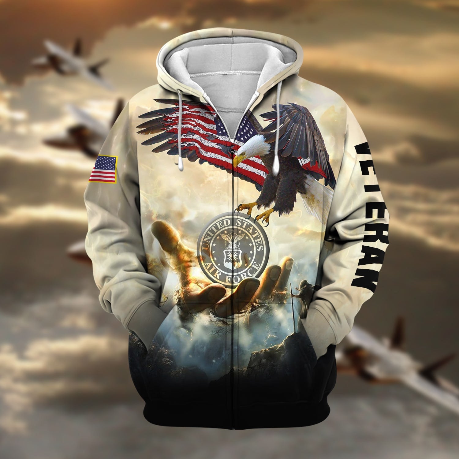 Premium God Bless US Veteran Zip Hoodie