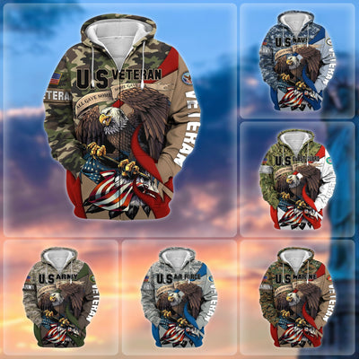 Premium Camo Soldiers Multiservice US Veteran Zip Hoodie