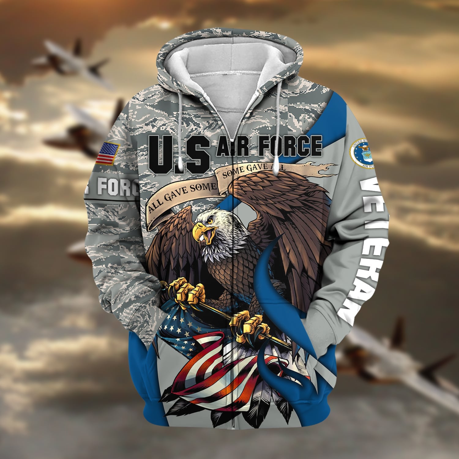 Premium Camo Soldiers Multiservice US Veteran Zip Hoodie