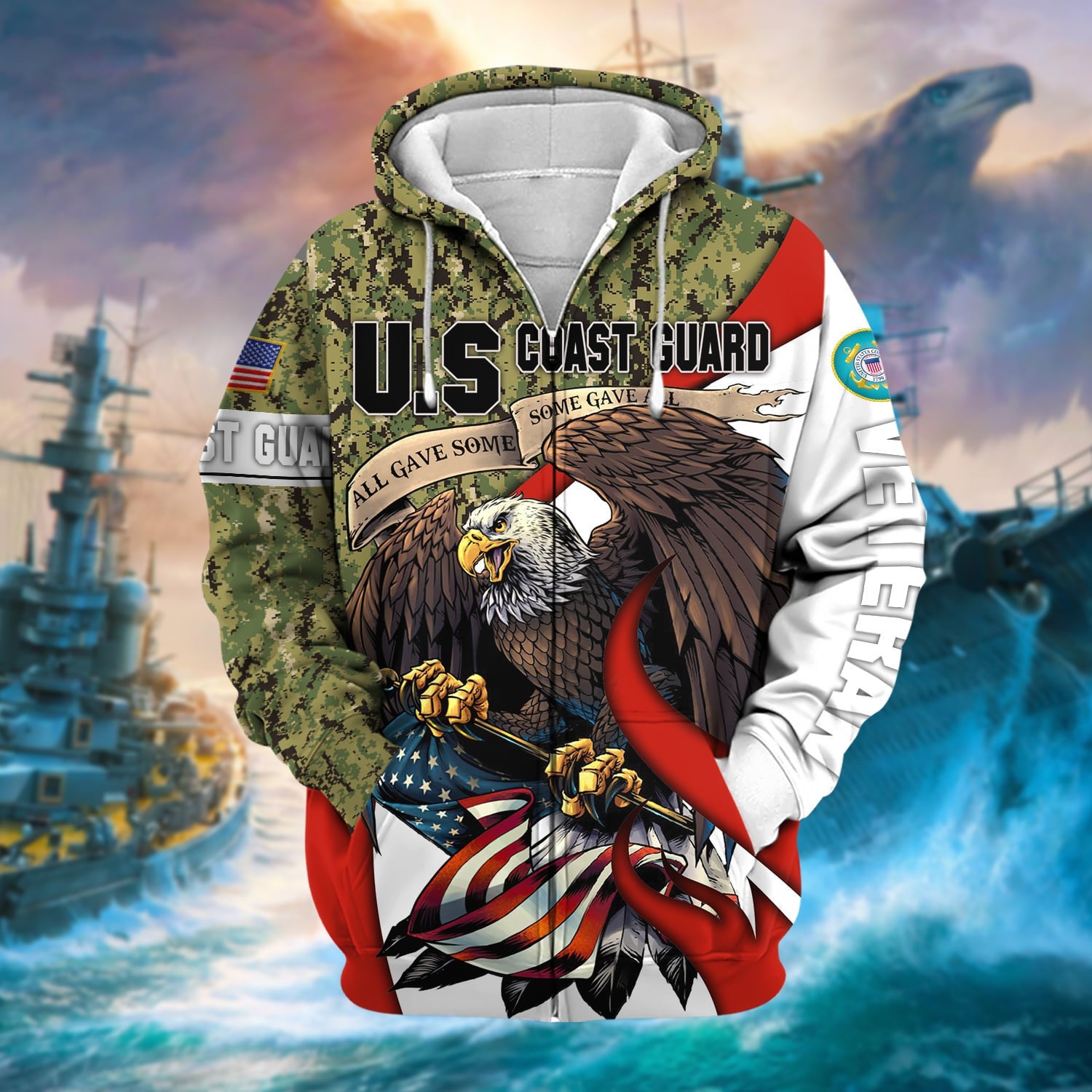 Premium Camo Soldiers Multiservice US Veteran Zip Hoodie