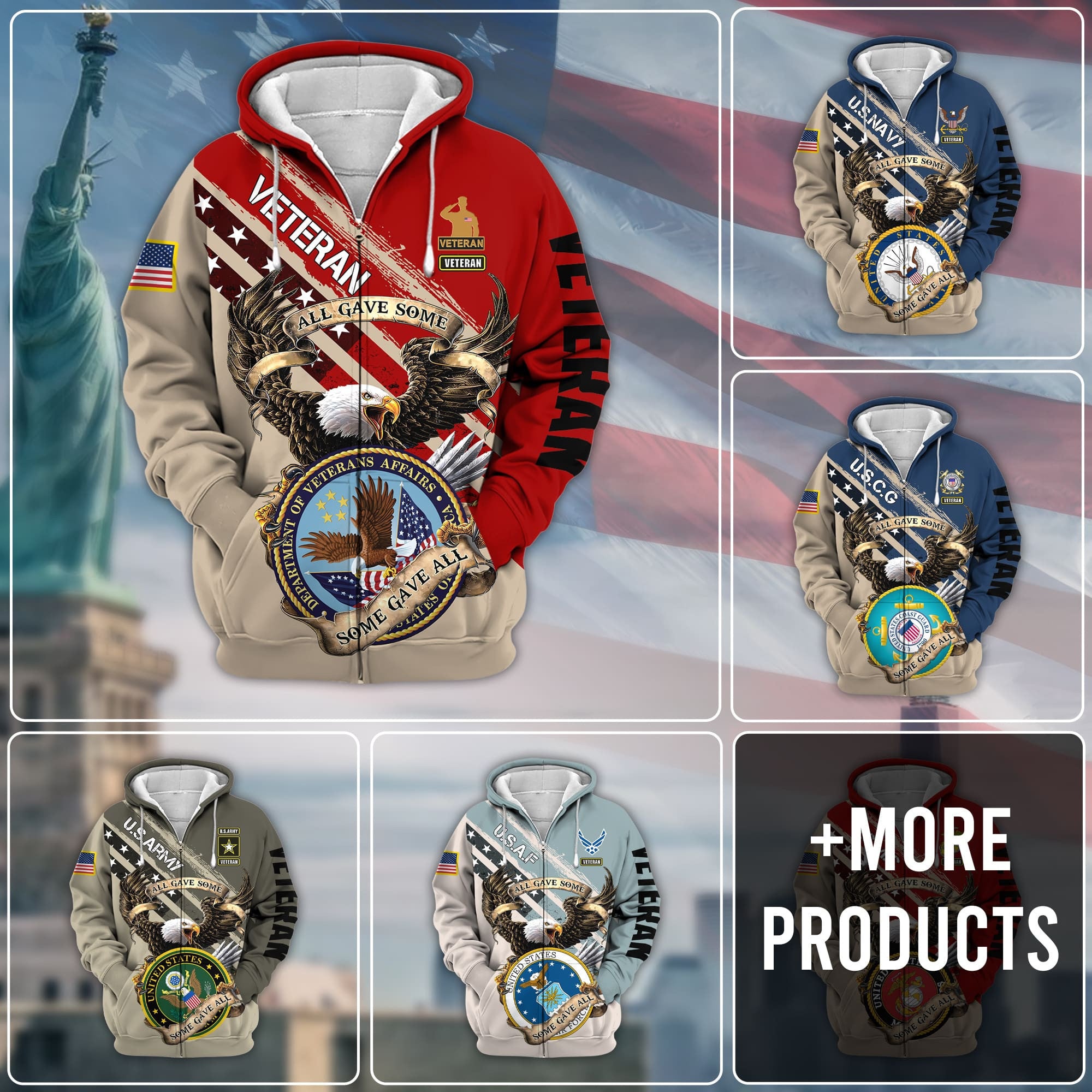 Premium Proudly Served Multiservice US Veteran Zip Hoodie