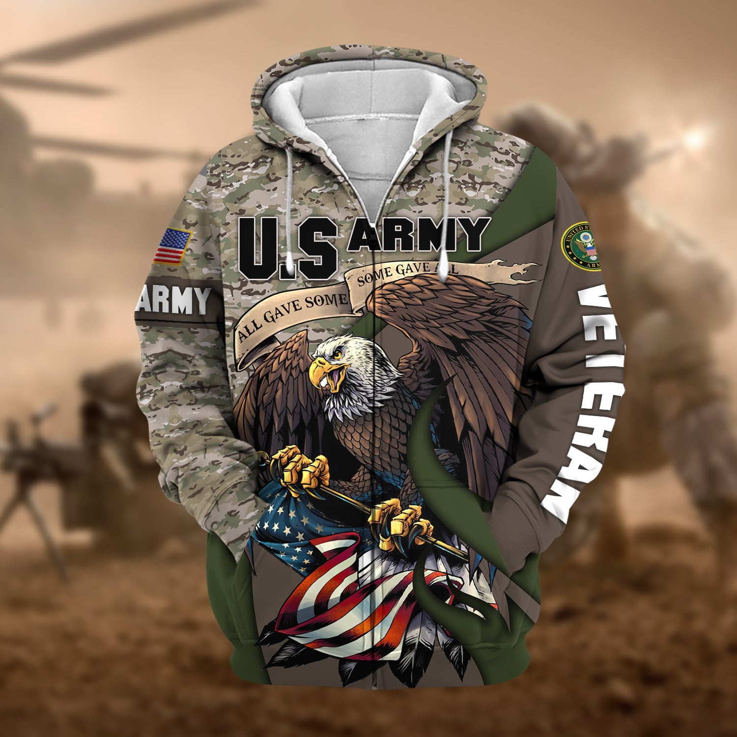 Premium Camo Soldiers Multiservice US Veteran Zip Hoodie