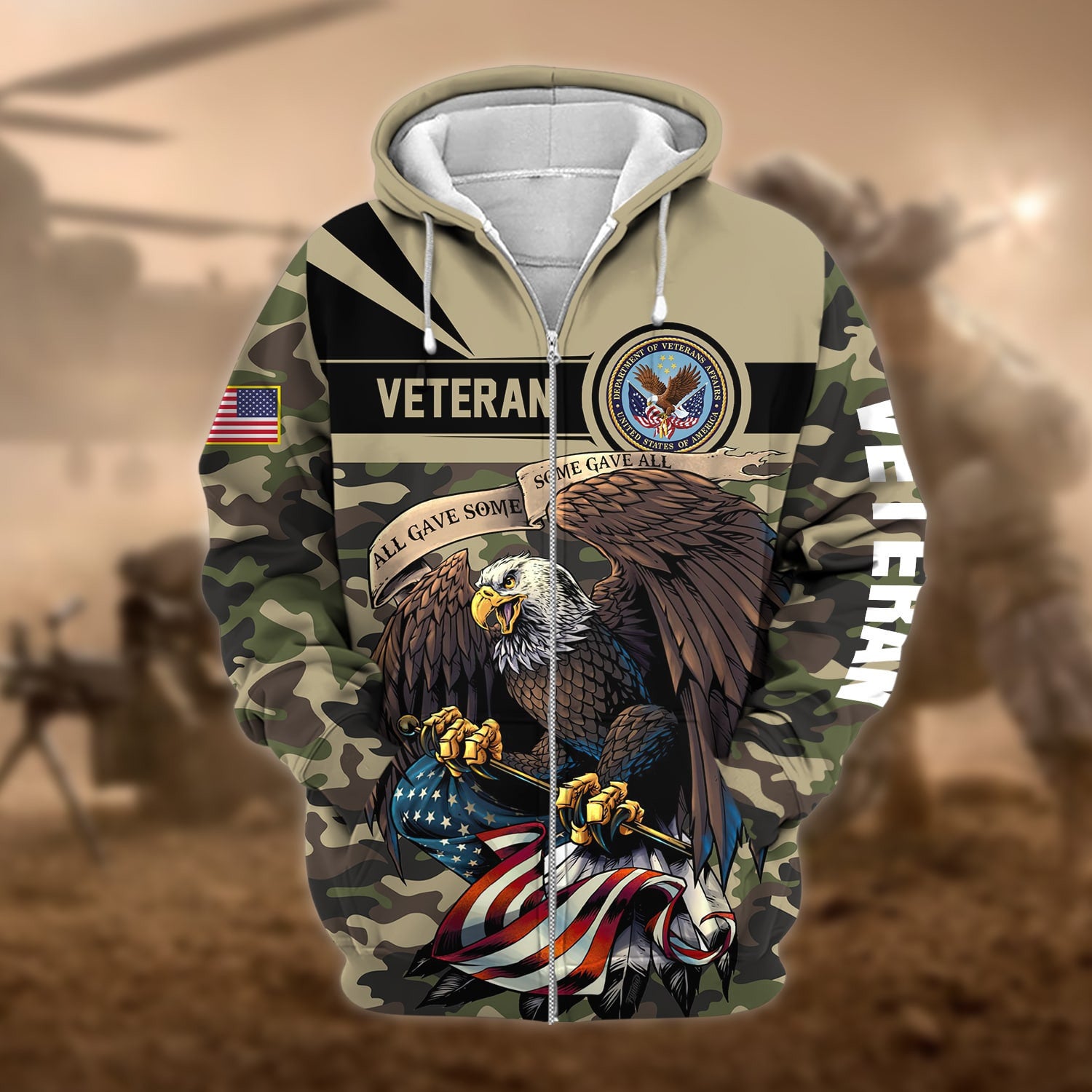 Premium Camo Soldiers Multiservice US Veteran Zip Hoodie