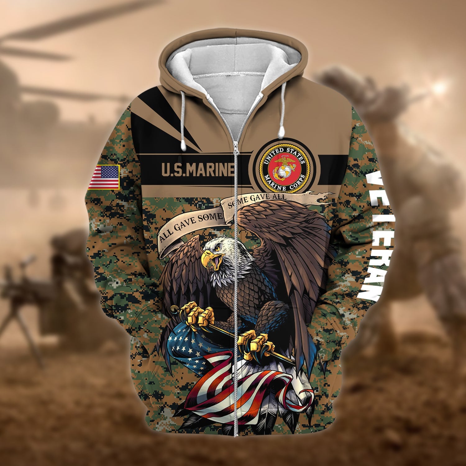 Premium Camo Soldiers Multiservice US Veteran Zip Hoodie