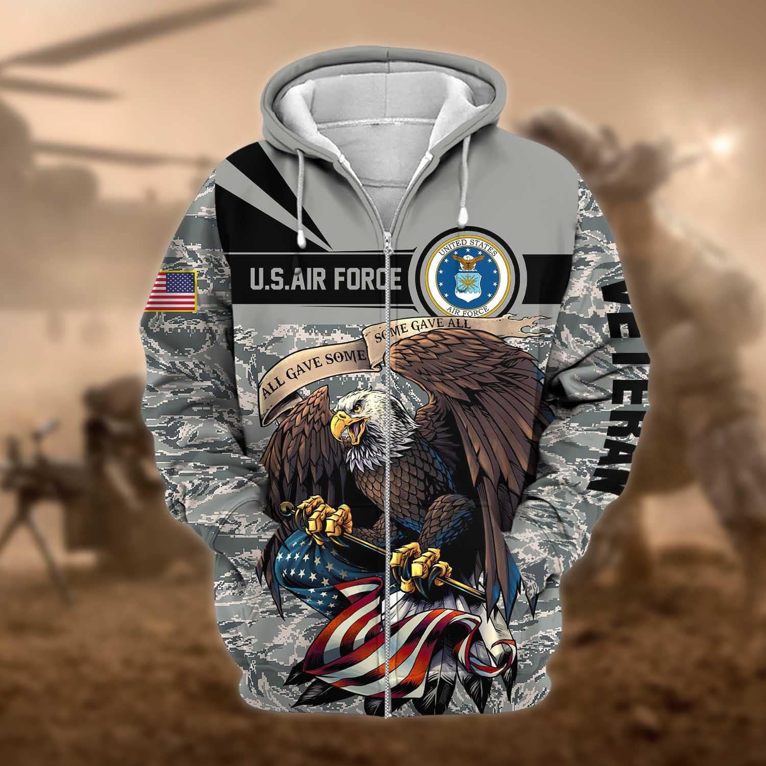 Premium Camo Soldiers Multiservice US Veteran Zip Hoodie