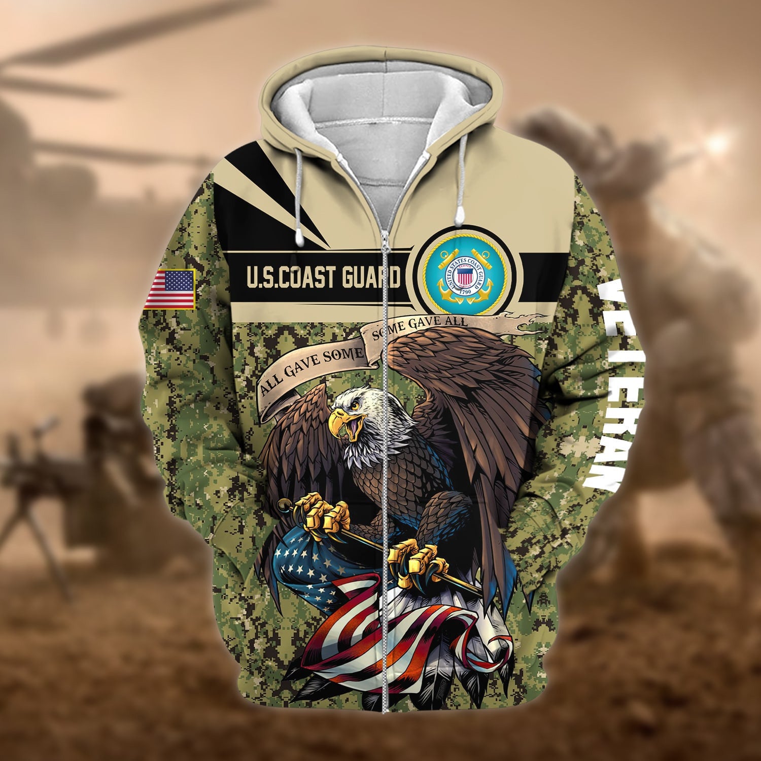 Premium Camo Soldiers Multiservice US Veteran Zip Hoodie