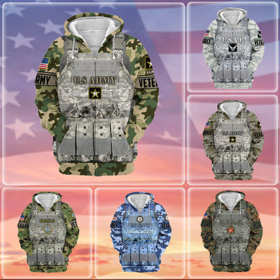 Unique Camo Soldiers Multiservice US Veteran Zip Hoodie
