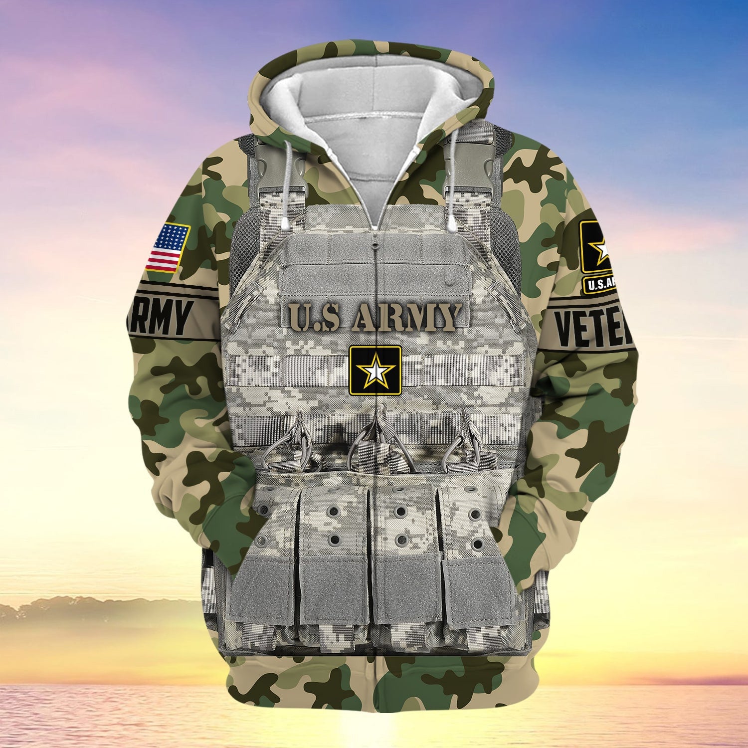 Unique Camo Soldiers Multiservice US Veteran Zip Hoodie