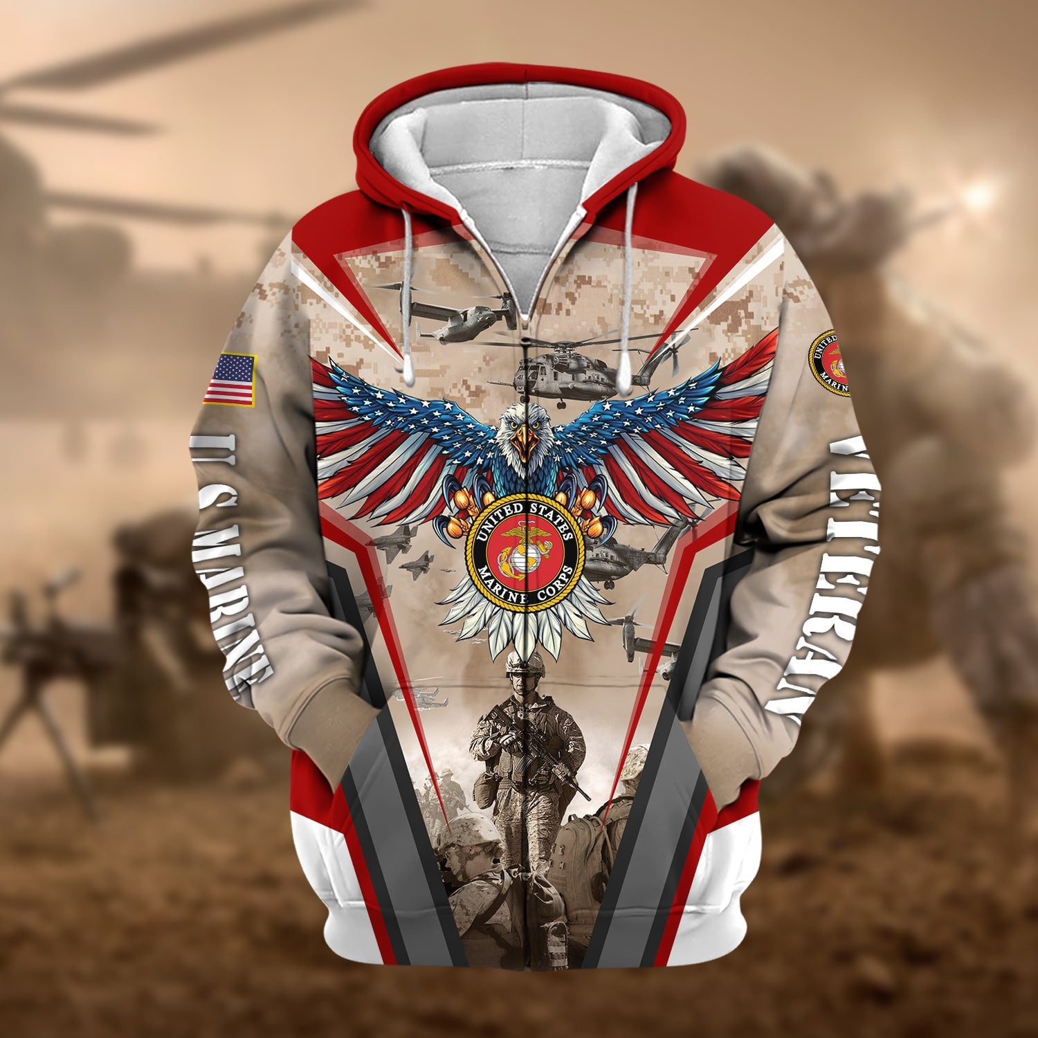 Unique Proudly Served US Veteran Zip Hoodie