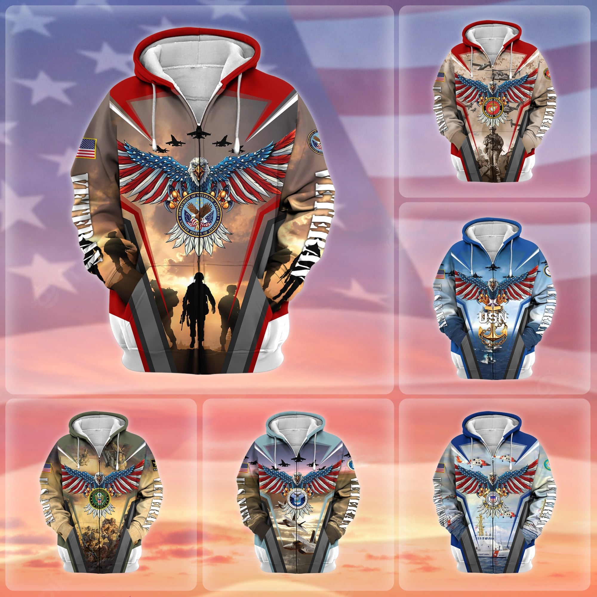 Unique Proudly Served US Veteran Zip Hoodie