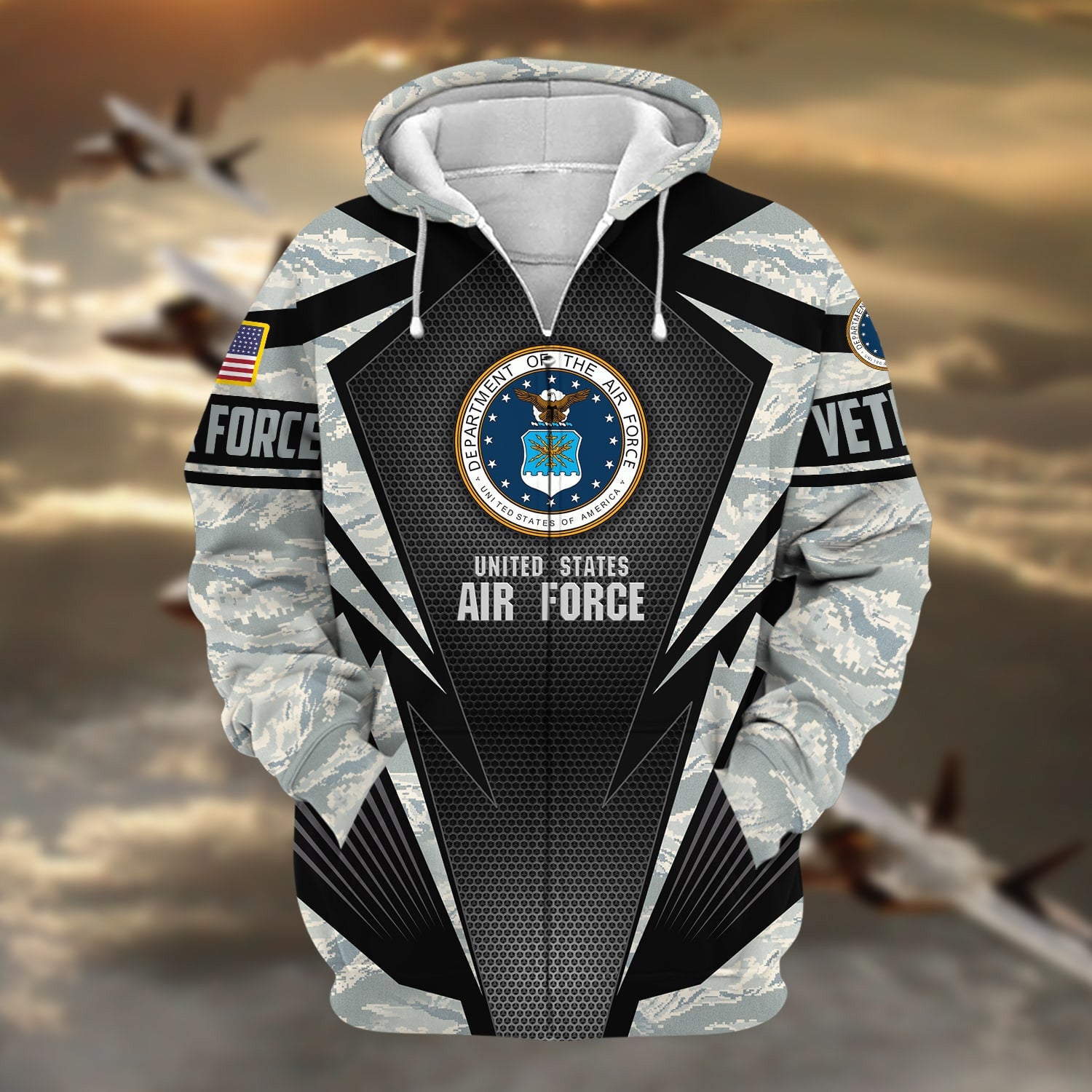 Unique Camo Soldiers Multiservice US Veteran Zip Hoodie