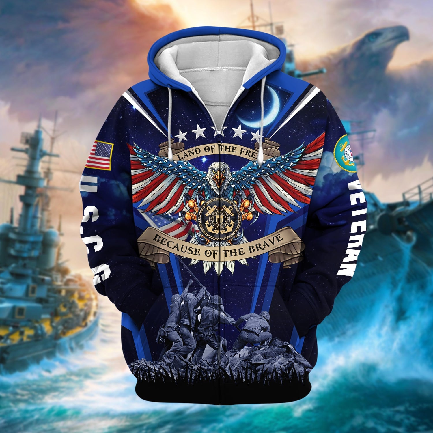 Premium Land Of The Free US Veteran Zip Hoodie
