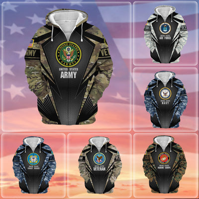 Unique Camo Soldiers Multiservice US Veteran Zip Hoodie