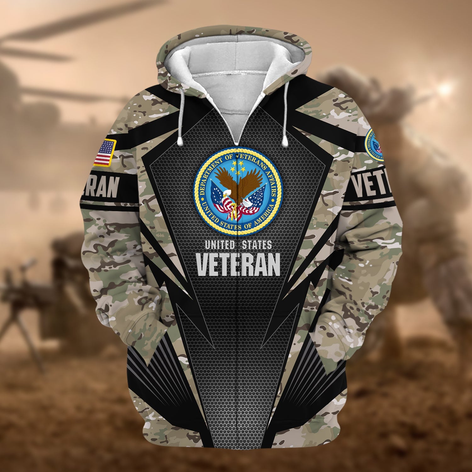 Unique Camo Soldiers Multiservice US Veteran Zip Hoodie