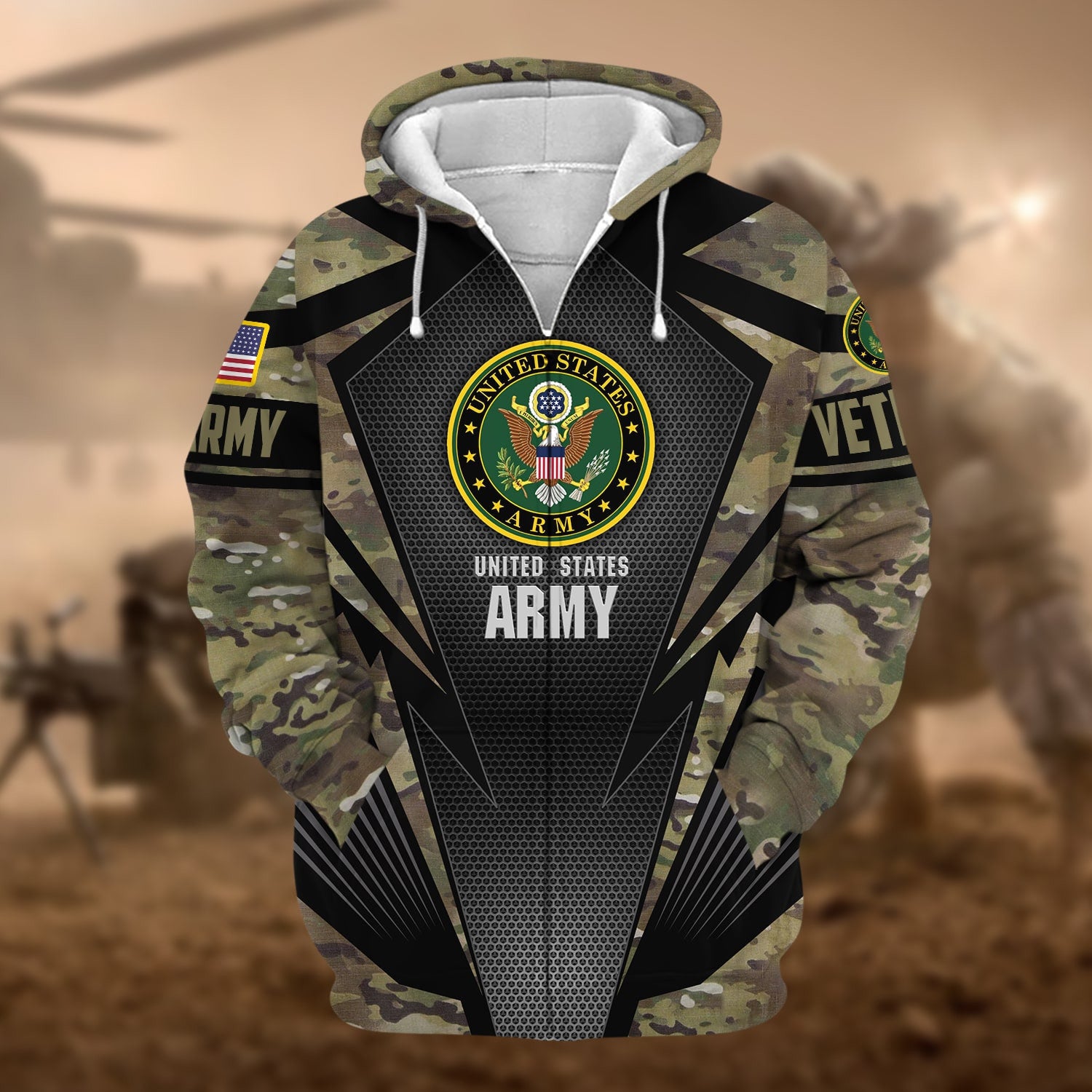 Unique Camo Soldiers Multiservice US Veteran Zip Hoodie