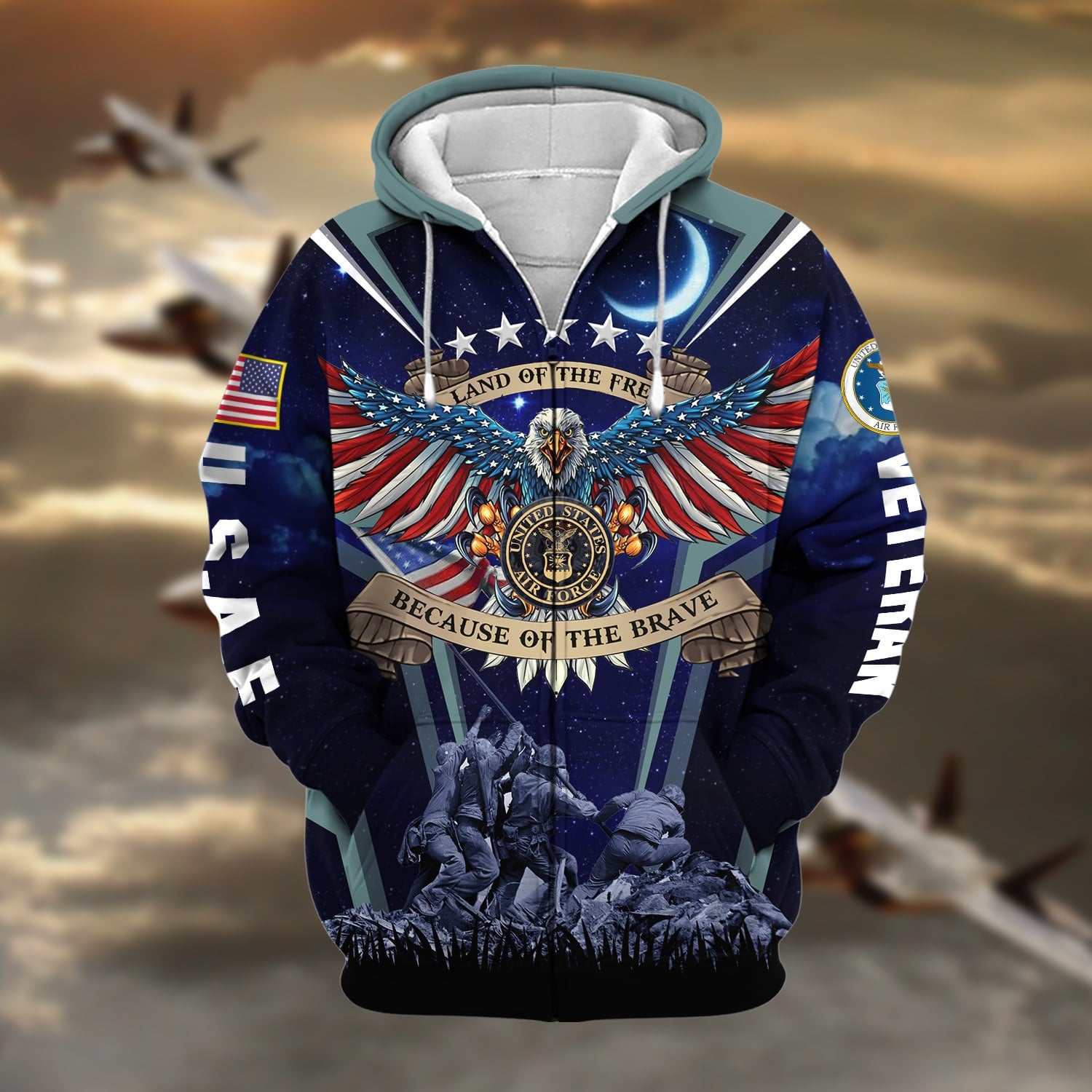 Premium Land Of The Free US Veteran Zip Hoodie