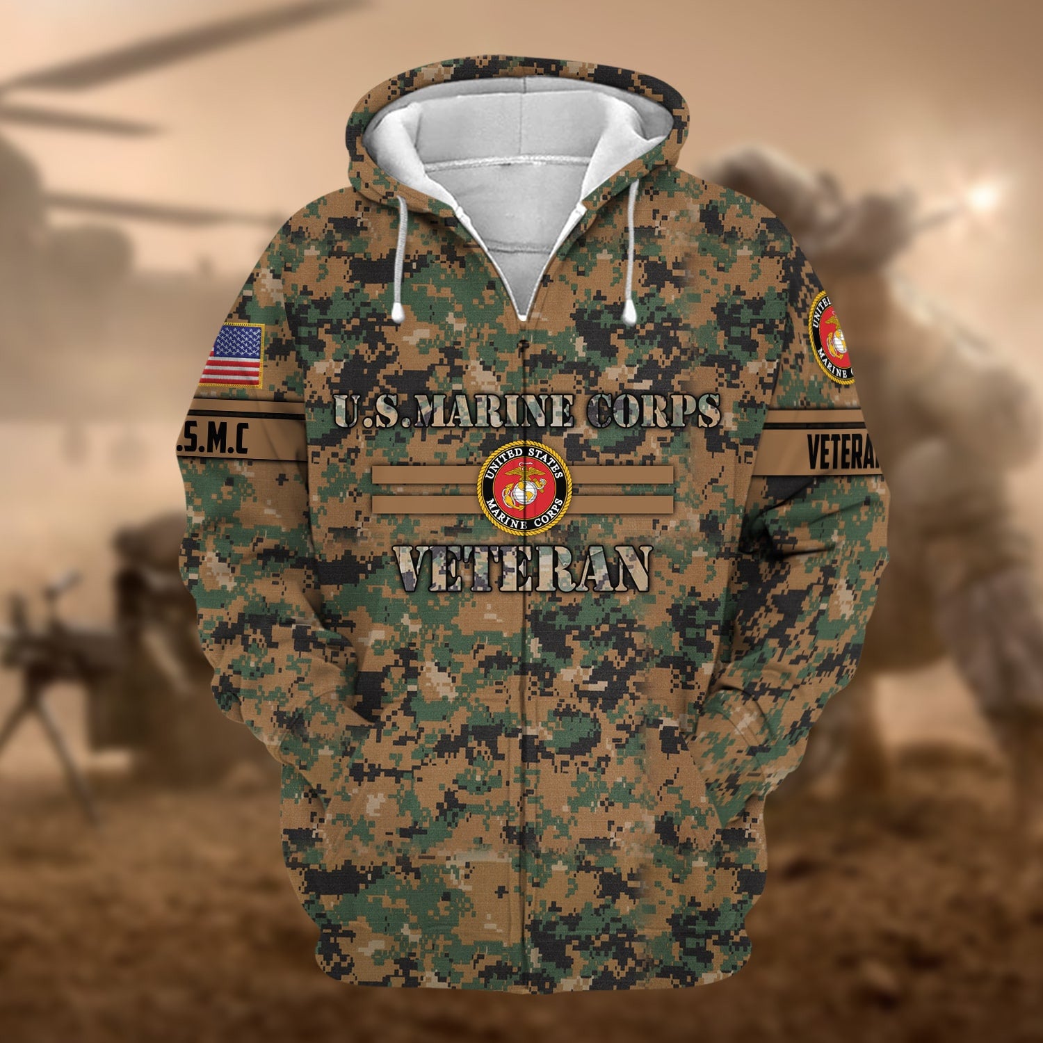 Unique Camo Soldiers US Veteran Zip Hoodie