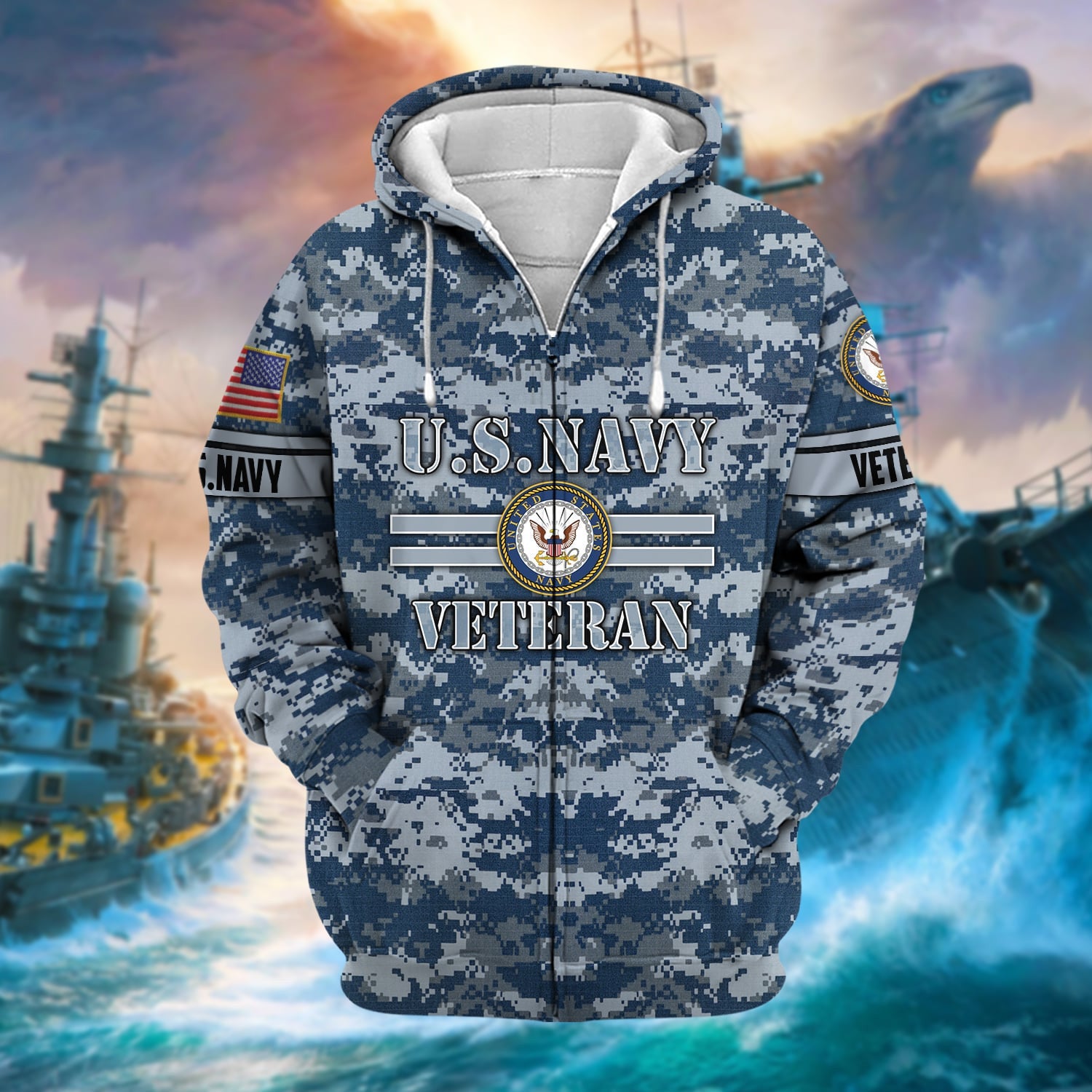 Unique Camo Soldiers US Veteran Zip Hoodie