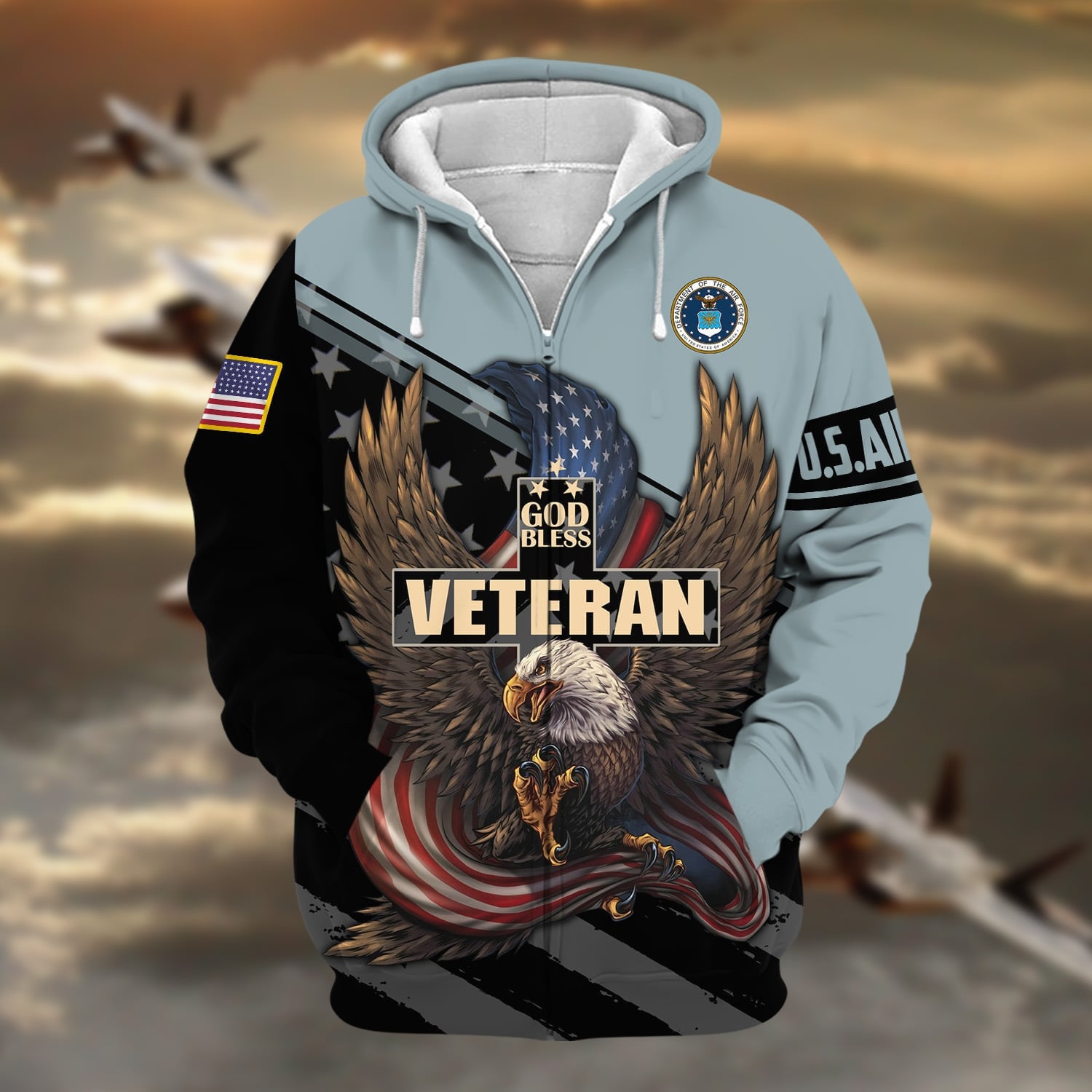 Premium God Bless US Veteran Zip Hoodie