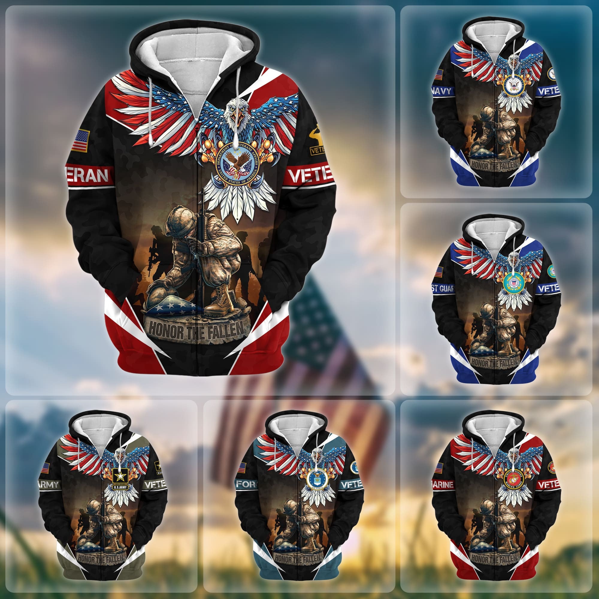 Premium Honor The Fallen US Veteran Zip Hoodie