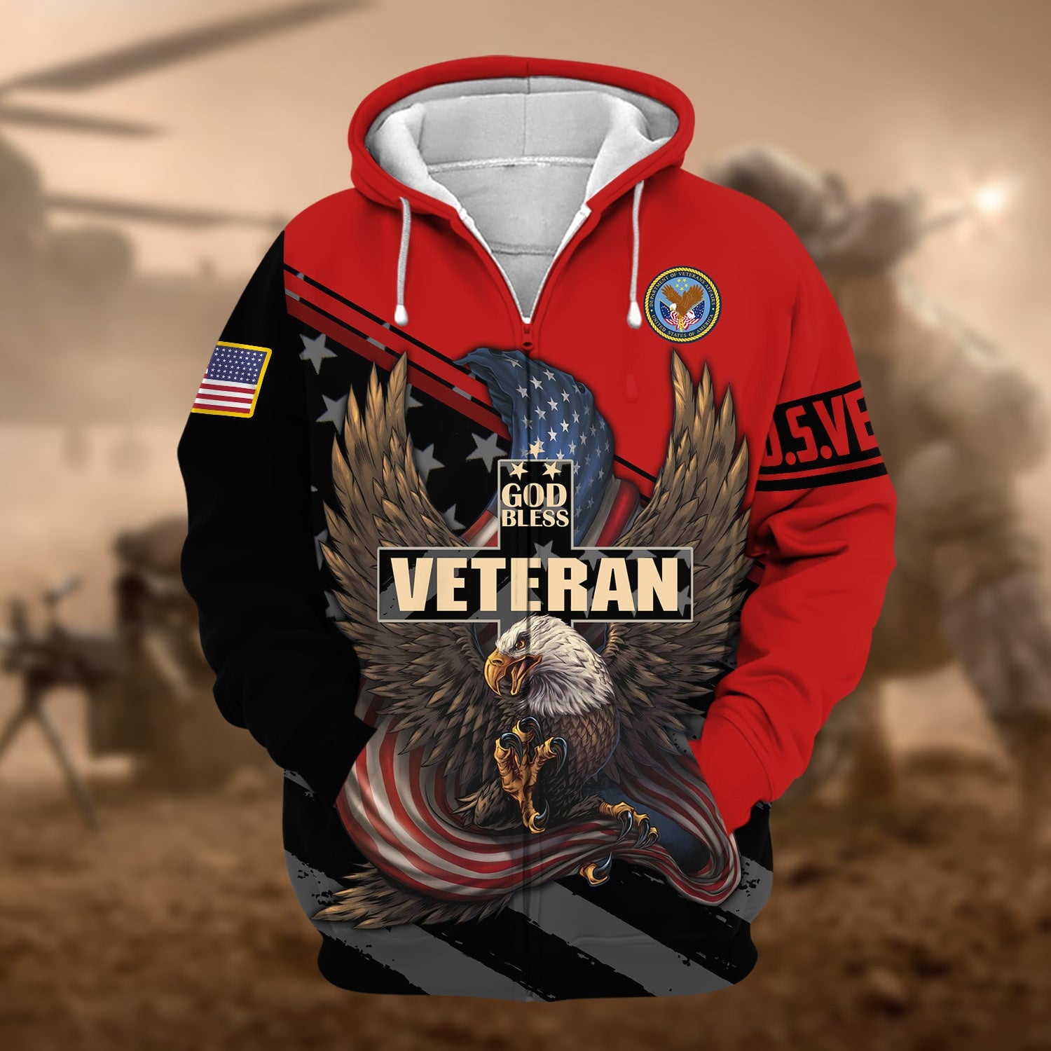 Premium God Bless US Veteran Zip Hoodie