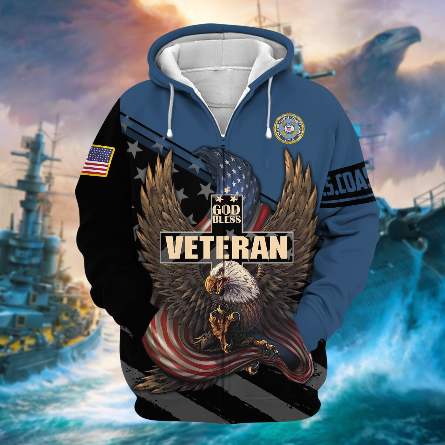Premium God Bless US Veteran Zip Hoodie