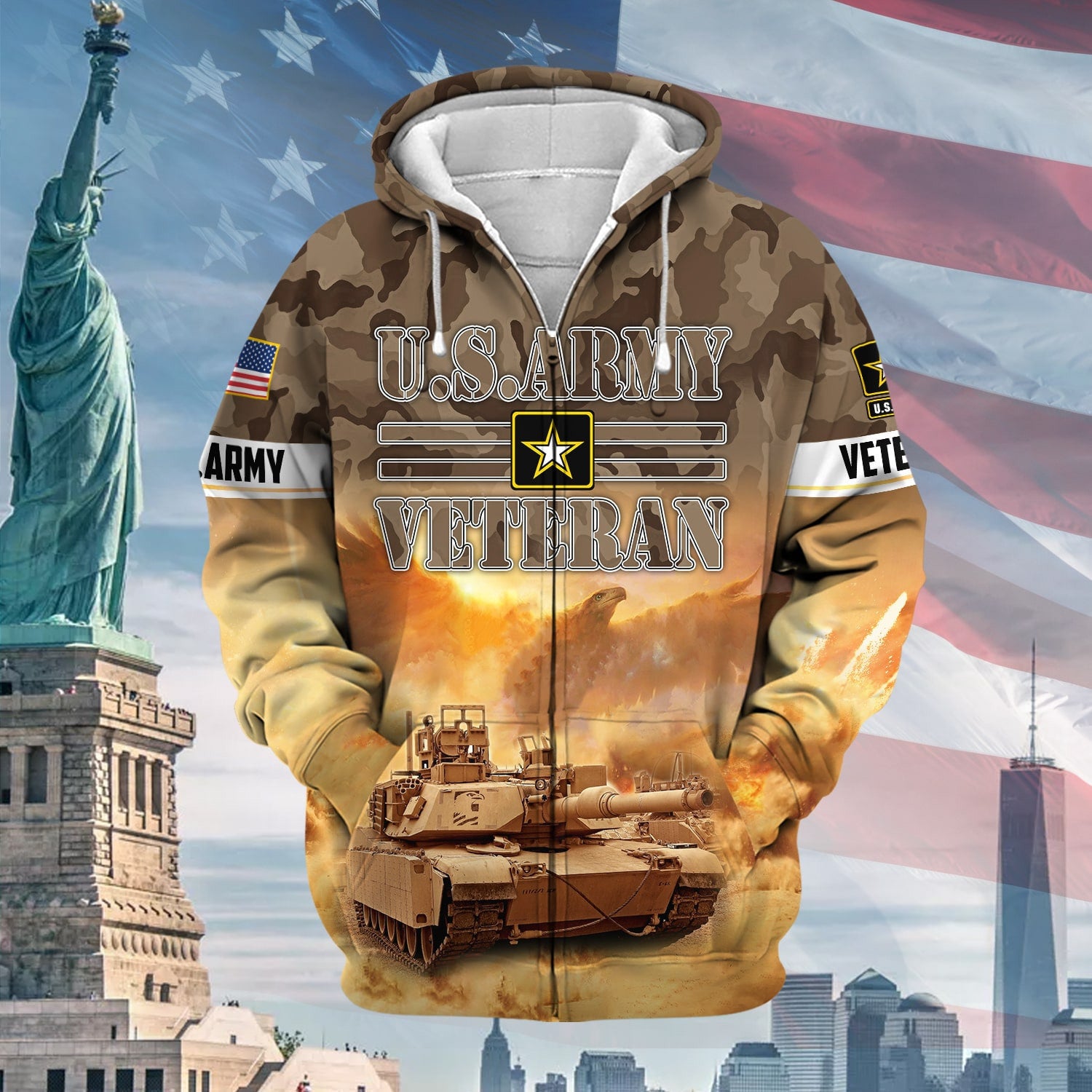 Premium Proudly Served Multiservice US Veteran Zip Hoodie