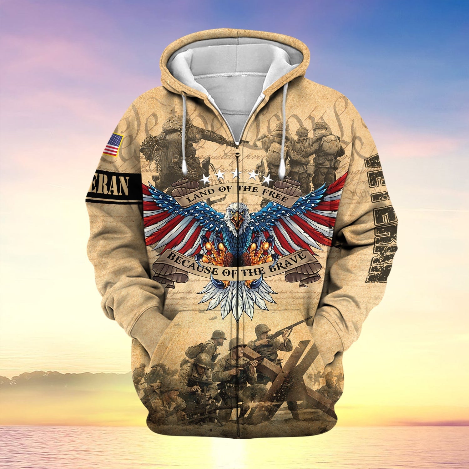 Premium Land Of The Free US Veteran Zip Hoodie