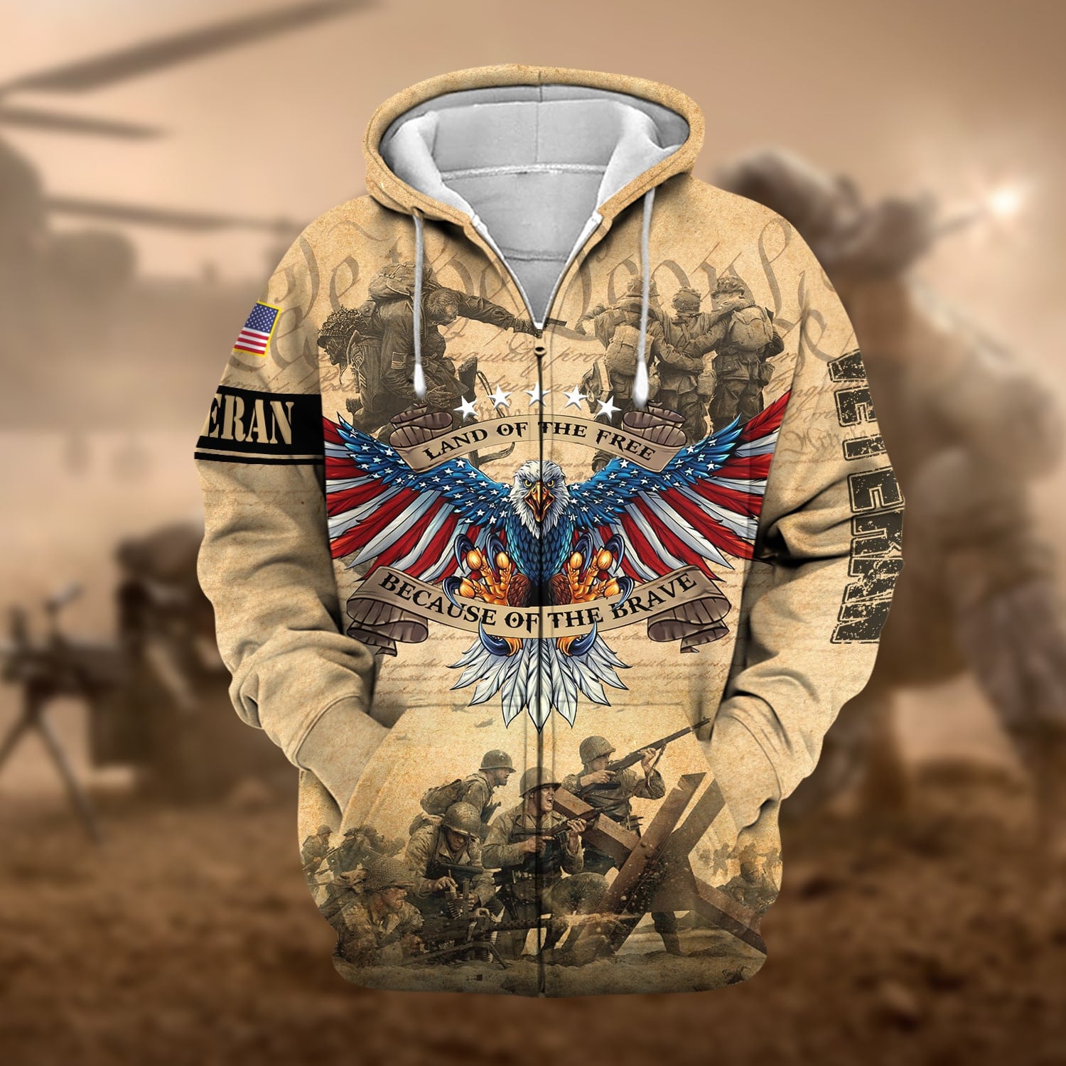 Premium Land Of The Free US Veteran Zip Hoodie